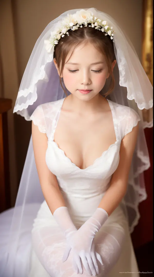 hight resolution、Top image quality、high-level image quality、top-quality、in 8K、Real live-action、Realistic、Raw photography、​masterpiece、masutepiece、profetional lighting、Realistic background、beautiful a girl、独奏、Cute little girl s、is standing、((Wedding))、white...