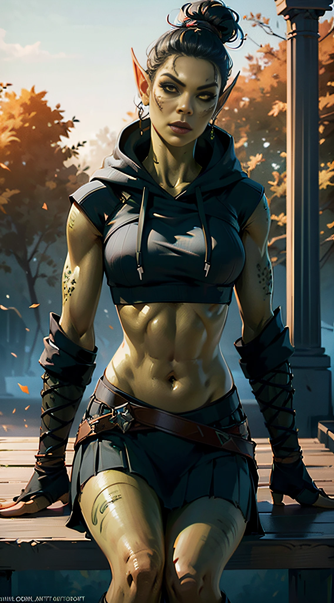 1girl, sexy githyanki, (green skin:1.5), black short hair bun, orange eyes, pointy ears, navel, midriff, (black crop hoodie:1.2), (black plain skirt:1.2), (black-and-white striped high socks:1.2), shoes on platform, belt, pouch, medium breasts, athletic, posing in the park, autumn, bench, black lipstick, black eyeliner, highly detailed face and eyes, sunlight, midday, best quality, masterpiece, realistic, anatomically correct, stunning details, intricate details, 8k post-production, high resolution, super details, trending on ArtStation, sharp focus, depth of field f/1.8, studio photos