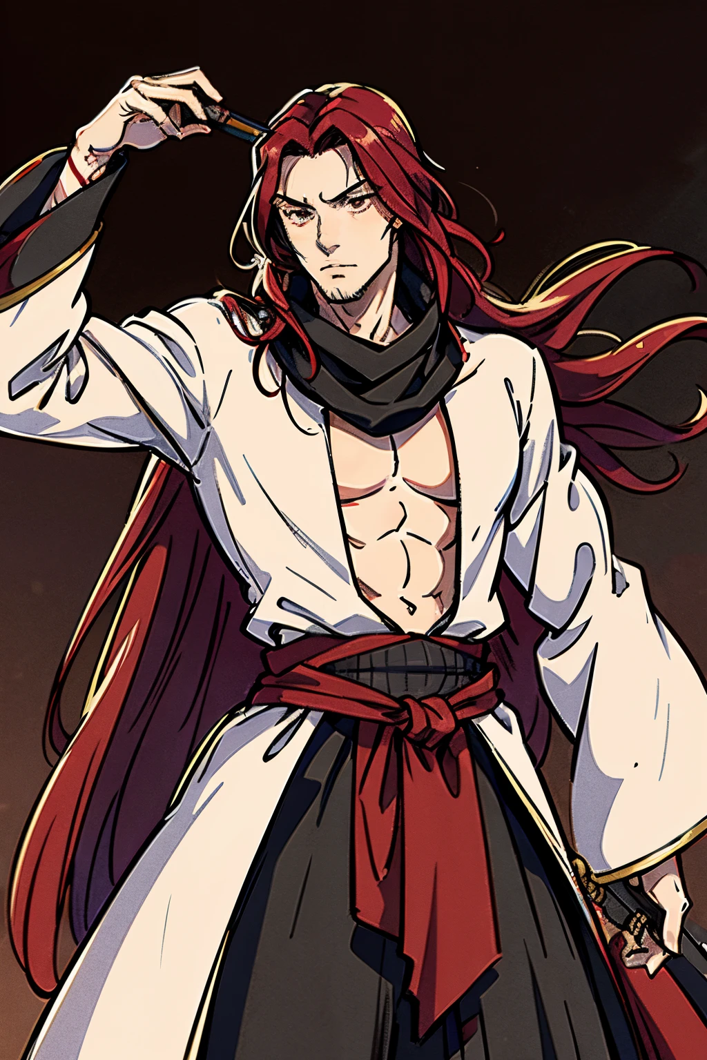 Best Quality, Masterpiece, Ultra High Resolution, musashi miyamoto, long red hair, renaissance attire, fancy clothing, nobility attire, handsome, manly, muscular, tall, covered in scars, vampire, pale white skin, fangs, vampiric, gothic, goth, standing in a medieval London town, long red scarf, detailed, long red hair, swept back hair, red hair(1.3)