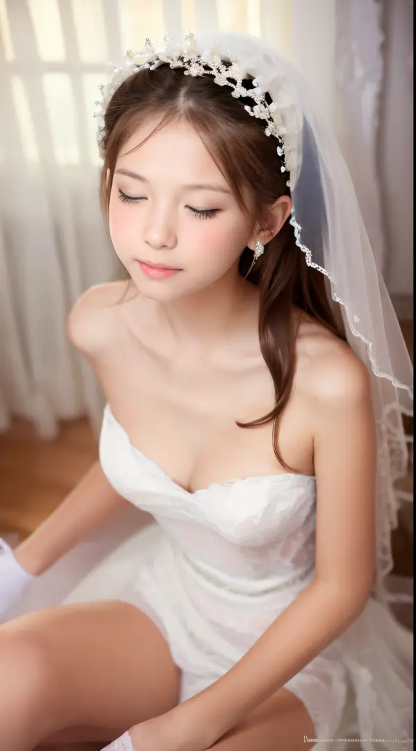 hight resolution、Top image quality、high-level image quality、top-quality、in 8K、Real live-action、Realistic、Raw photography、​masterpiece、masutepiece、profetional lighting、Realistic background、beautiful a girl、独奏、Cute little girl s、sitting on、((Wedding))、white ...