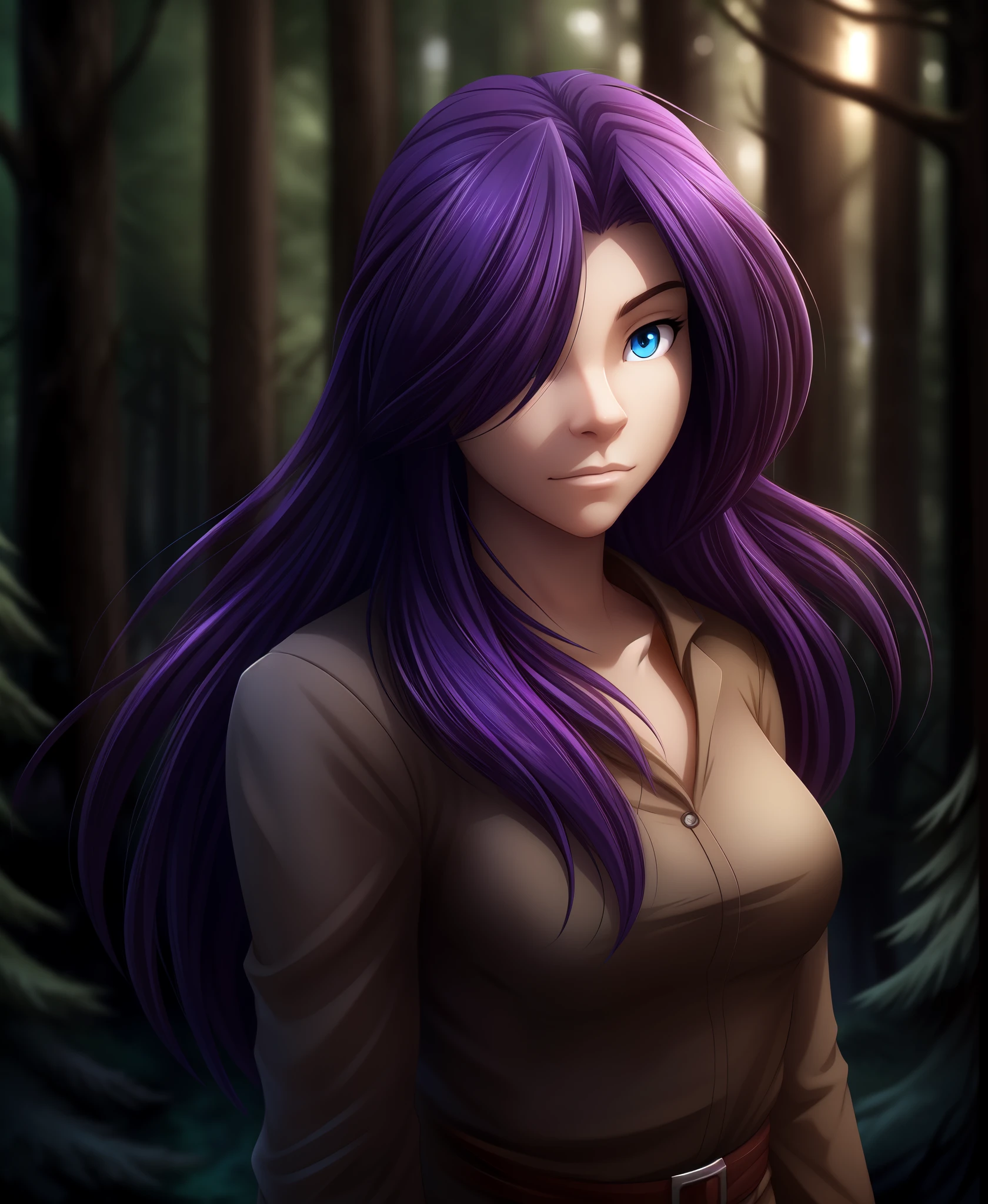 maren-taverndatter, twokinds, by tom_fischbach,, (best quality, masterpiece:1), full body ,solo, human, female human,blue eyes, purple hair, hair over eye, long hair, portrait, looking at viewer, (outdoors dark forest trees blurry blurred background:1.1),