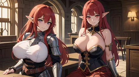 2 elf girl, posing for a picture, sitting on chair and put her boobs on the table, (red hair), blushed face, battle knight suit, breast plate, long skirt, big breast, pixiv, anime girls, seductive smile, (beautiful detailed eyes:1.6), extremely detailed fa...