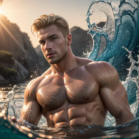 masterpiece, best quality, high resolution, BIG BULGE closeup portrait, with half his submerged in the water, (blonde hair) (Mus...