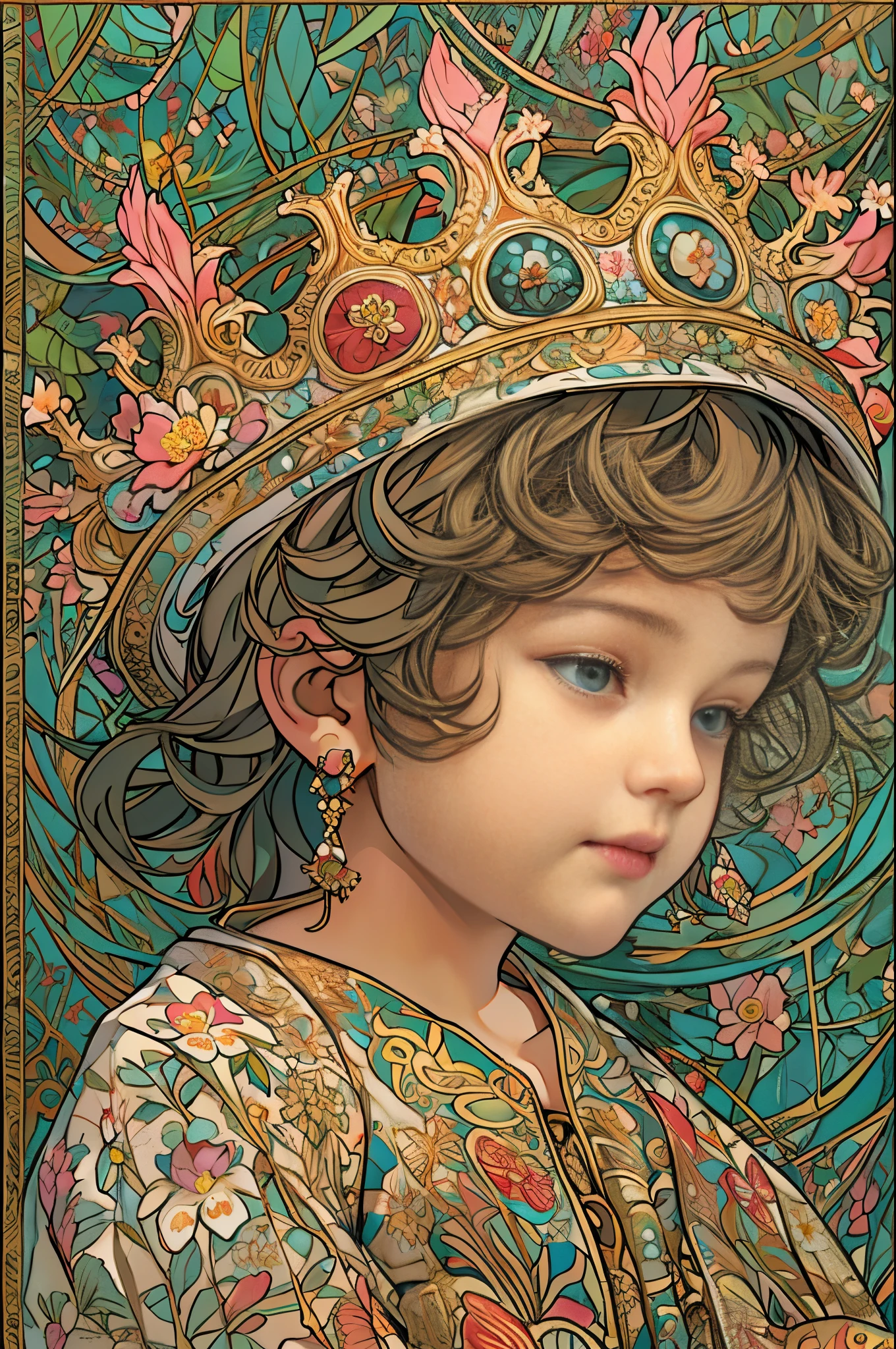 paint a decorative painting，little prince wearing a crown， boy，Childish face，Bright and harmonious colors，（Decorative painting：1.6），dressed in：Exquisite noble robe，Elaborate Eyes，delicated face，Big breasts, big breasts，Delicate earrings，simple backgound，Lots of flowers around，flowers blooming，A sea of flowers，（tangled，datura，Tangles，entangled）， (s fractal art: 1.3)，simple backgound，Upper part of the body，