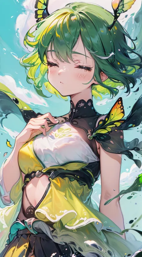 ((top-quality, 8K)), (Realistic), (Face Focus: 1.1), (Yellow and green: 1.3), Kawaii Girl, short-hair, 
Hair fluttering in the w...
