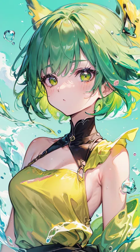 ((top-quality, 8K)), (Face Focus: 1.1), (Yellow and green: 1.3), Kawaii Girl, short-hair, Hair fluttering in the wind, Facing to...