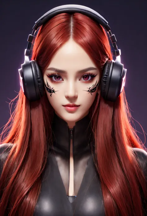 girl with long red hair, red eyes, futuristic vibes, mask on mouth, headphones, 8k, high quality, simple background, glowing eye...