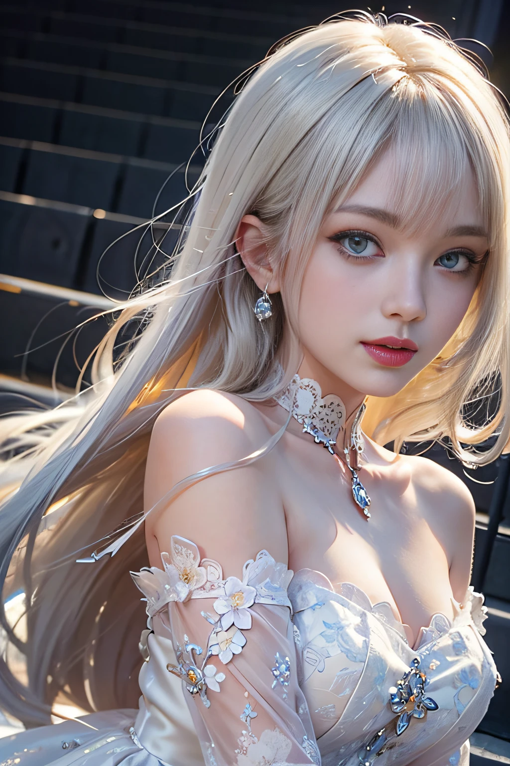 1girl in, Blonde hair, Silver hair, Long hair, Straight hair, Sparkling eyes, PUPILS SPARKLING, longeyelashes, makeup, Smile, Modern, depth of fields, One-person viewpoint, POV, close-up, Wide Shot, From below, wide angles, F/1.8, 135 mm, canon, nffsw, retinas, masutepiece, ccurate, Anatomically correct, Textured skin, Super Detail, high details, High quality, hight resolution, Best Quality, 1080p, hard disk, 4K, bright expression、Young shiny shiny white shiny skin、Best Looks、ultimate beauty girl、(The most beautiful platinum blonde hair in the world)、shiny light hair,、(Long silky straight hair)、Beautiful bangs that shine、Glowing crystal clear attractive blue eyes、Very beautiful nice cute 16 year old girl、Lush bust、((A girl standing in front of the theater stairs)）、 （Golden white hair）, Bangs, Blunt bangs, Long straight hair, aqua eyes, longeyelashes, Solid Circle Eyes, makeup, Open mouth, blush, Parted lips, Bright pupils, smiley, Seductive smile, glint, surrealism, Modern、Black pantyhose、high-heelix４、（(Pure white dress、Floral dress、、off shoulders、up skirt: 1.6)）、Skyscrapers are hazy in the windows、((Skirt soars in the wind)),((Showing white lace panties)),((Raise the hem of the skirt with your hands))