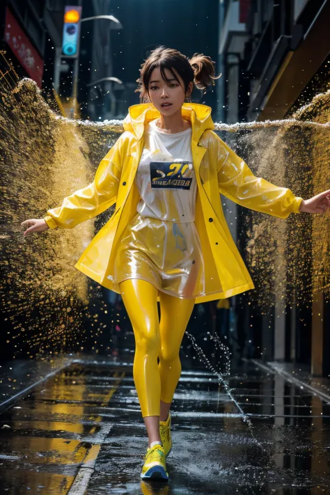 Full body cinematic photo of a woman running towards the viewer, Wearing yellow raincoat standing among bubbles abstract color p...