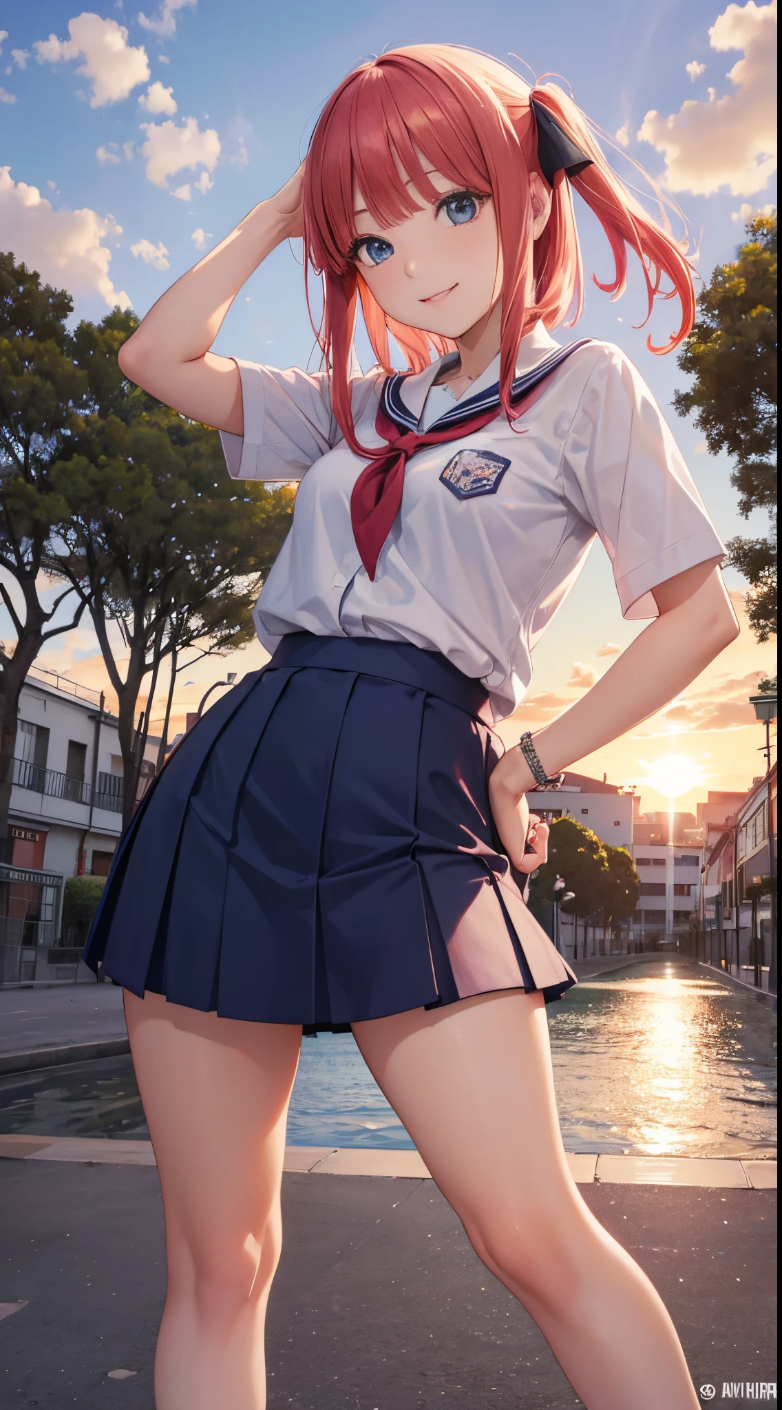 Nino Nakano riendo,pose sexy,uniforme escolar preparatoria con suerer,parque atardecer