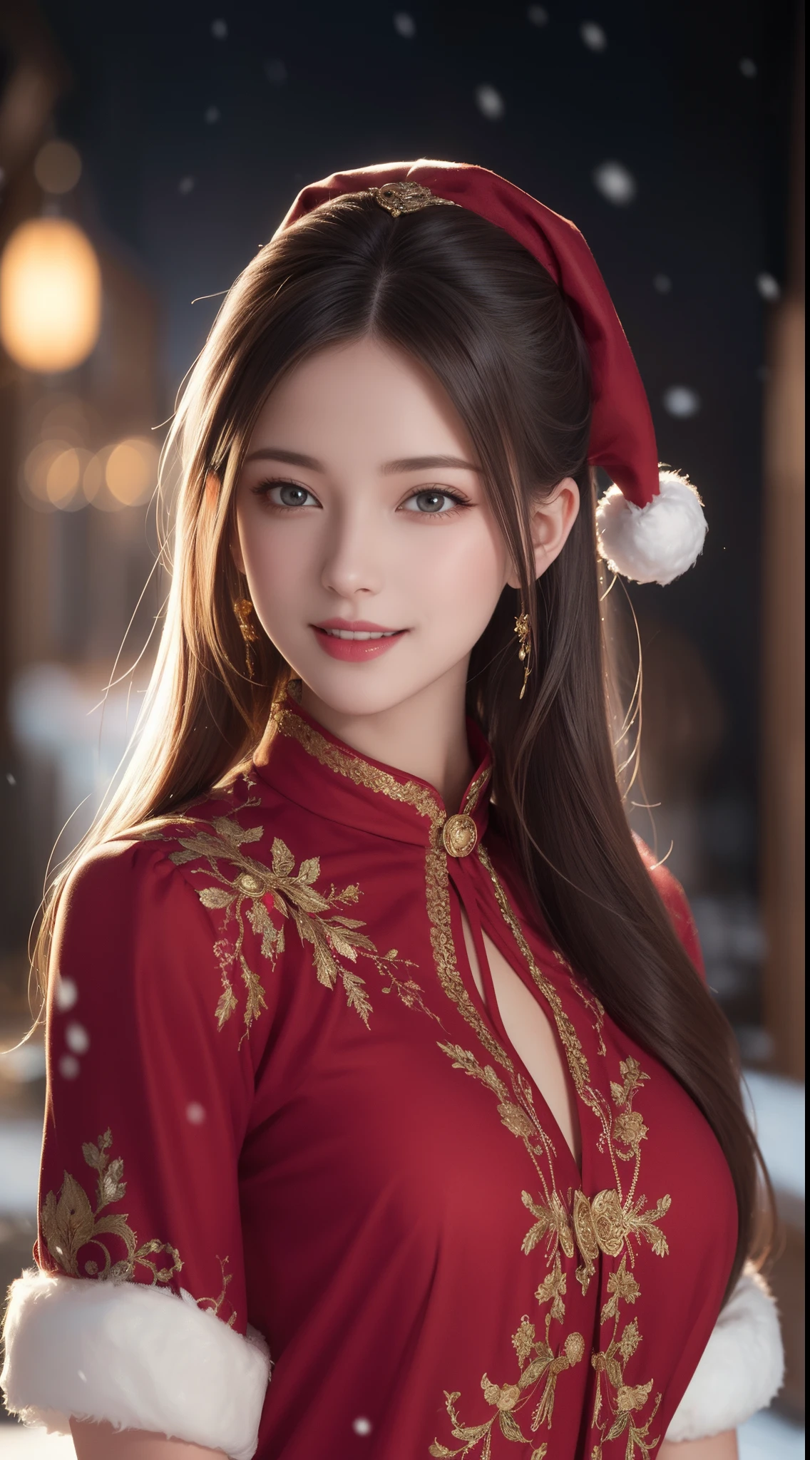 (Aesthetic, High Resolution: 1.2), beautiful 20 year old woman wearing an intricately detailed red boby Santa Claus costume, symmetrical costume structure, bright eyes, cheerful smile , hairstyle changes, snow is falling, snow in hair. Professional photographer, minimalism, concept art, intricate details, 8k post-production, High Resolution, Super Detail, trending on ArtStation, sharp focus, studio photos, details Intricate, Highly detailed, By Greg Rutkowski, Artistic bright and dark low lighting, Vibrant colors. Outdoor winter scene with snow in the evening, A slight smile, True art, various hairstyles and color changes, Passionate mood, Seductive expressions, Sexy lips, Wet lips , Seductive closed eyes, Seductive appearance, suggestive posture.