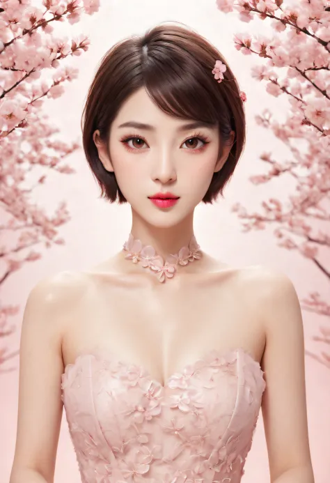 beautiful japanese young woman, thick symmetrical features, very short hair, background is cherry blossoms, pink aura, red lips,...