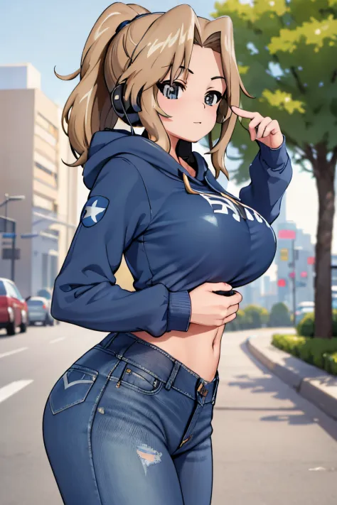 masterpiece, best quality, 1girl, solo, girls und panzer, kay,large breasts, ponytail, (blue hoodie, jeans, headphones:1.2), standing, cowboy shot, outdoors