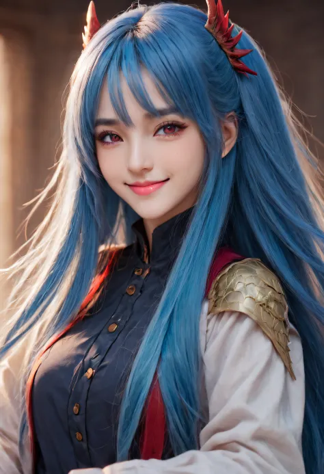 vibrant colors, dragon girl, masterpiece, sharp focus, best quality, depth of field, cinematic lighting,smile, blue hair, red ey...