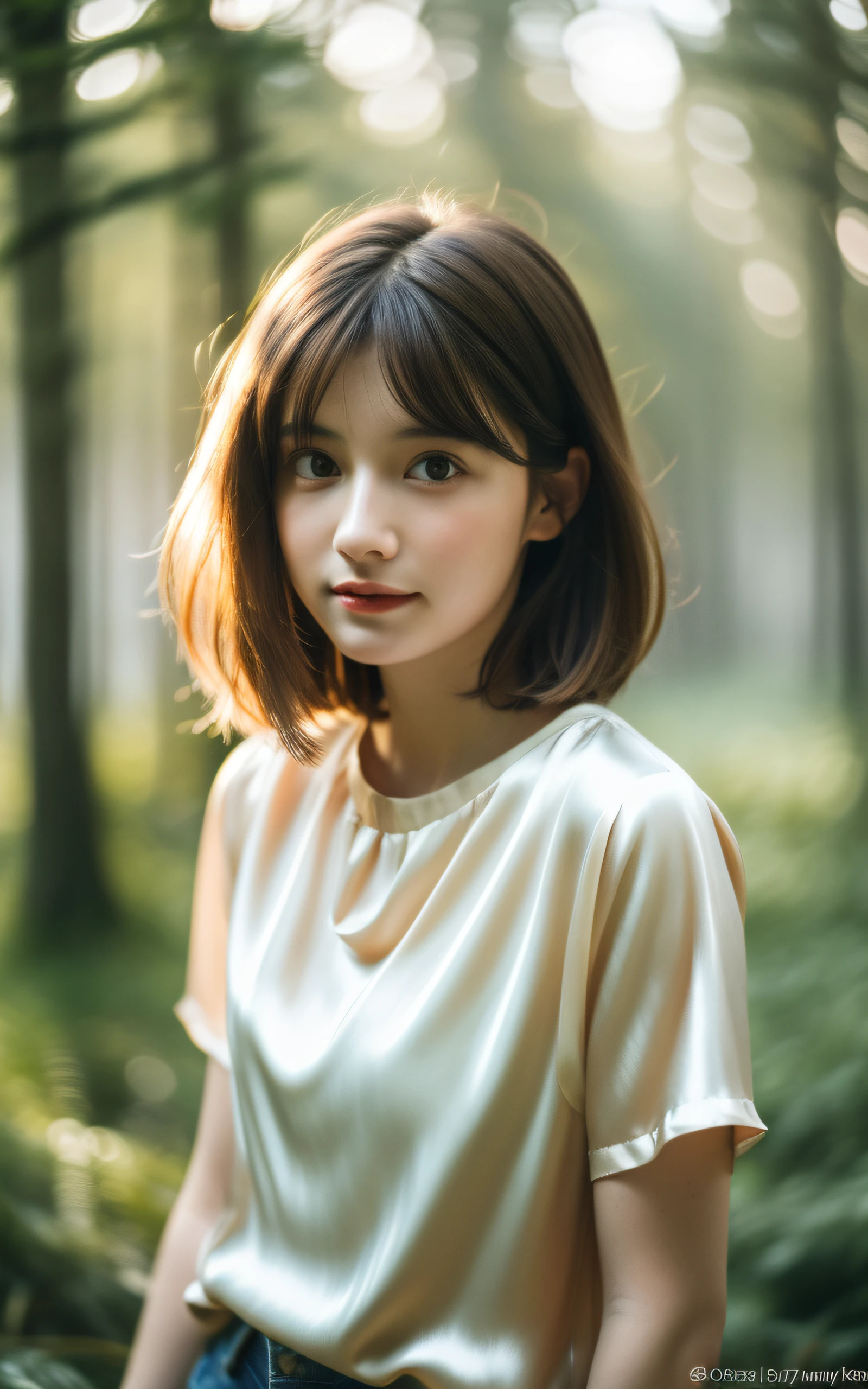 A woman with a short hair and a white shirt is posing for a picture -  SeaArt AI