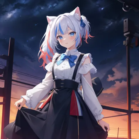 Best Quality, 4k Wallpaper, Masterpiece, Extremely detailed CG unity 8k wallpaper, very detail eyes, Ultra-detailed, 1Girl, Solo, (mouth), multicoloured hair, Blue Eyes, side ponytail, shirt, cat ear, Standing, night sky, The starlight reflects, Betelgeuse...