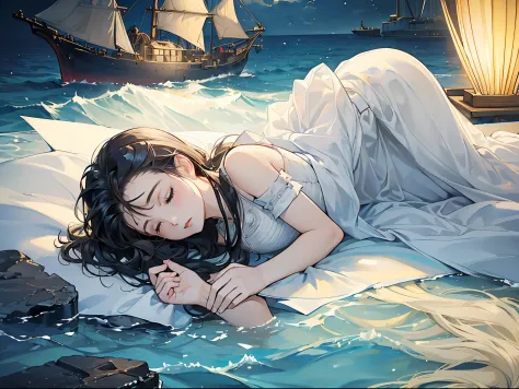 ((Superior quality, 16k, masterpiece: 1.3)), (Beauty, 1 girl, sleeping at the bottom of the sea, dark maritime scenery, white dr...