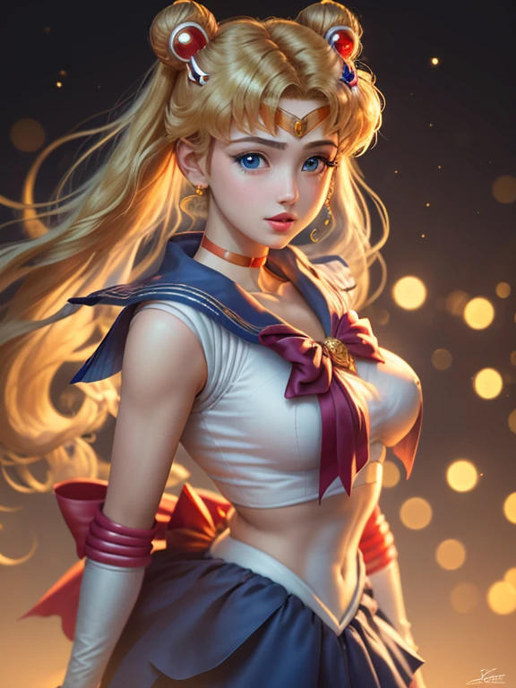 Obra de arte, melhor qualidade, alta resolução, Uma adaptação para a vida real de Sailor Moon, Tsukino Usagi, traje gótico, rosto requintado, retrato, simetria, iluminação lateral, hiper-realista