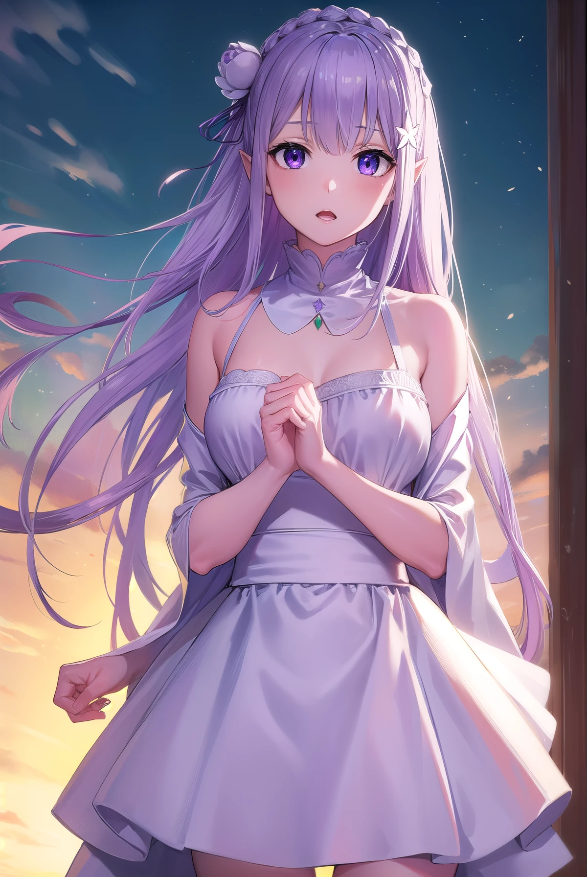 rezeroemilia, emilia, braid, crown braid, flower, hair flower, hair ornament, hair ribbon, long hair, low-tied long hair, (purple eyes:1.2), pointy ears, white flower, x hair ornament, open mouth,
BREAK White Lacey bra, blue jeans, 
BREAK outdoors, city,
BREAK looking at viewer, (cowboy shot:1.5),
BREAK (masterpiece:1.2), best quality, high resolution, unity 8k wallpaper, (illustration:0.8), (beautiful detailed eyes:1.6), extremely detailed face, perfect lighting, extremely detailed CG, (perfect hands, perfect anatomy),