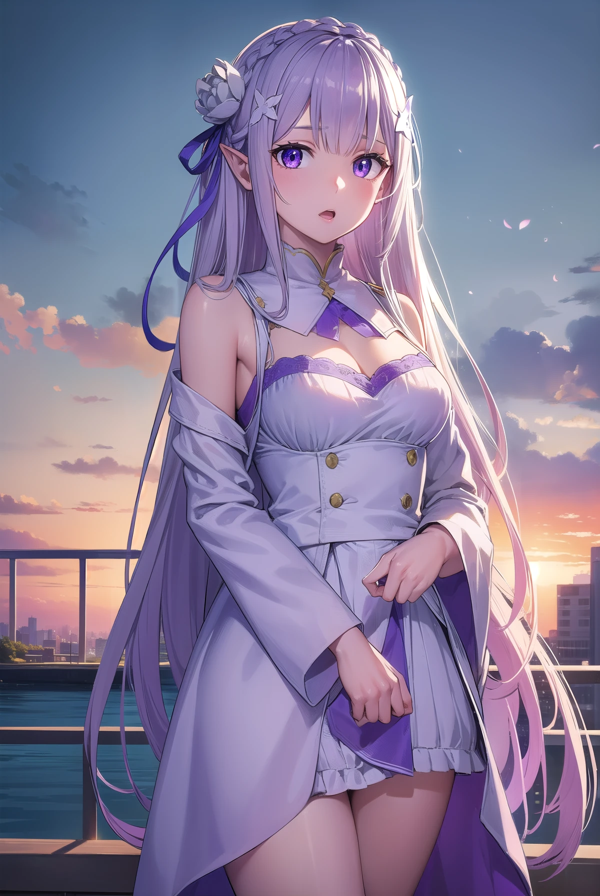 rezeroemilia, emilia, braid, crown braid, flower, hair flower, hair ornament, hair ribbon, long hair, low-tied long hair, (purple eyes:1.2), pointy ears, white flower, x hair ornament, open mouth,
BREAK White Lacey bra, blue jeans, 
BREAK outdoors, city,
BREAK looking at viewer, (cowboy shot:1.5),
BREAK (masterpiece:1.2), best quality, high resolution, unity 8k wallpaper, (illustration:0.8), (beautiful detailed eyes:1.6), extremely detailed face, perfect lighting, extremely detailed CG, (perfect hands, perfect anatomy),