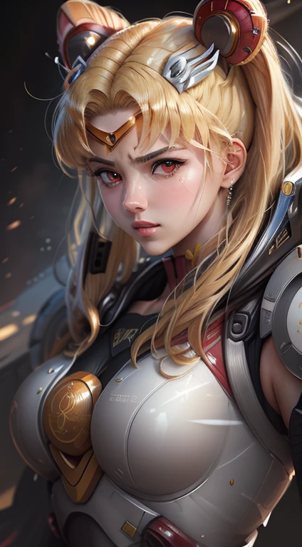 masterpiece, best quality, high resolution, A real life adaption of tsukino usagi, blonde hair, mecha, anger, mechanical limb, metal arms, exquisite face, red eyes, portrait, symmetry, side lighting, hyper realistic