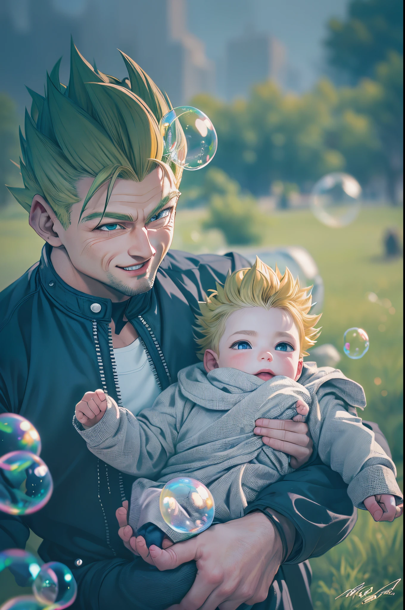 araffe homme tenant un bébé dans un parc avec des bulles, HD, (chef-d&#39;œuvre), (photo:1.3),Haute qualité, haute résolution, sourire, éclairage parfait, chef-d&#39;œuvre, Beau, ((SuperSaiyan)), tir de cow-boy, ((cheveux blond:1.3)), super saiyan, (cheveux pointus),Visage détaillé, yeux détaillés,