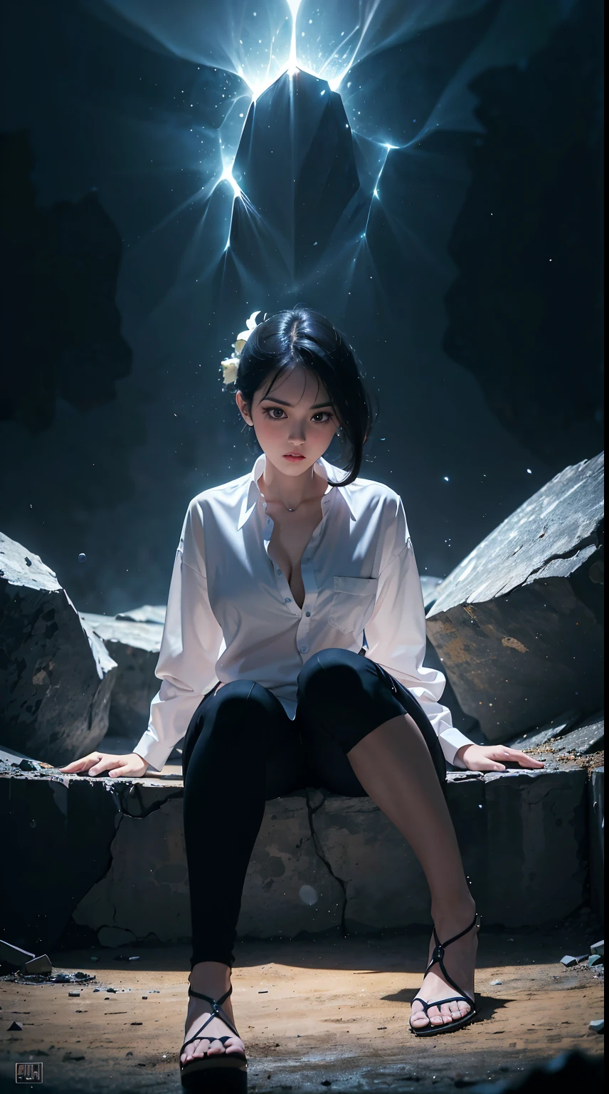 beautiful, masterpiece, best quality, extremely detailed face,  perfect lighting, 1girl, solo,  GiovannaMS, cowboy shot, white shirt, black pants, sitting, spread legsHD lighting and dark )<=(epic image quality)dark atmosphere with bright particle light(many effects in background)