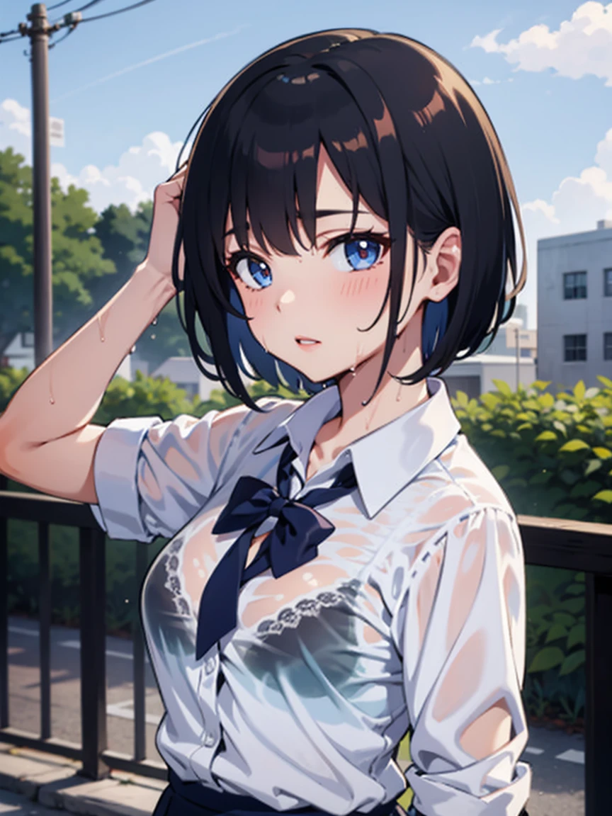 (1girl), (short hair),
(school uniform:1.4), ((white collared shirt)), ((fsb)), ((frosuke:1.4)), black bra, lace, (wet),
(outdoor),