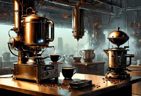 （coffee machines），（Electric kettle），（grinding machine），（rice cooker），wastelands, sci fi art, Dennis Ruston
