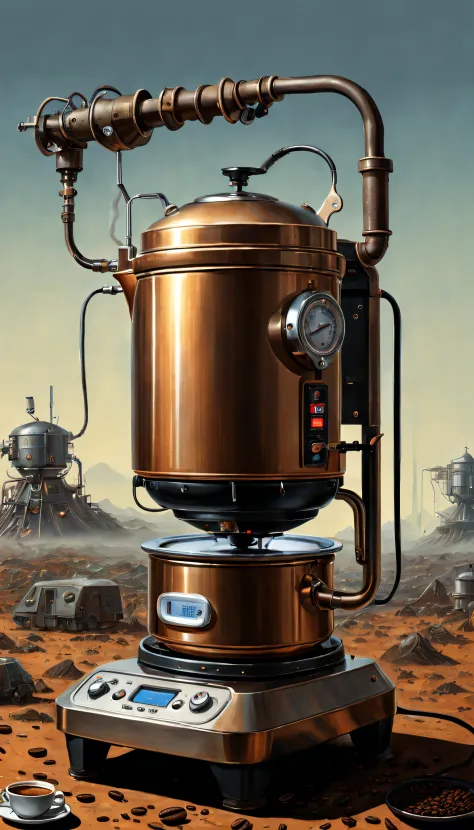 （coffee machines），（Electric kettle），（grinding machine），（rice cooker），wastelands, sci fi art, Dennis Ruston