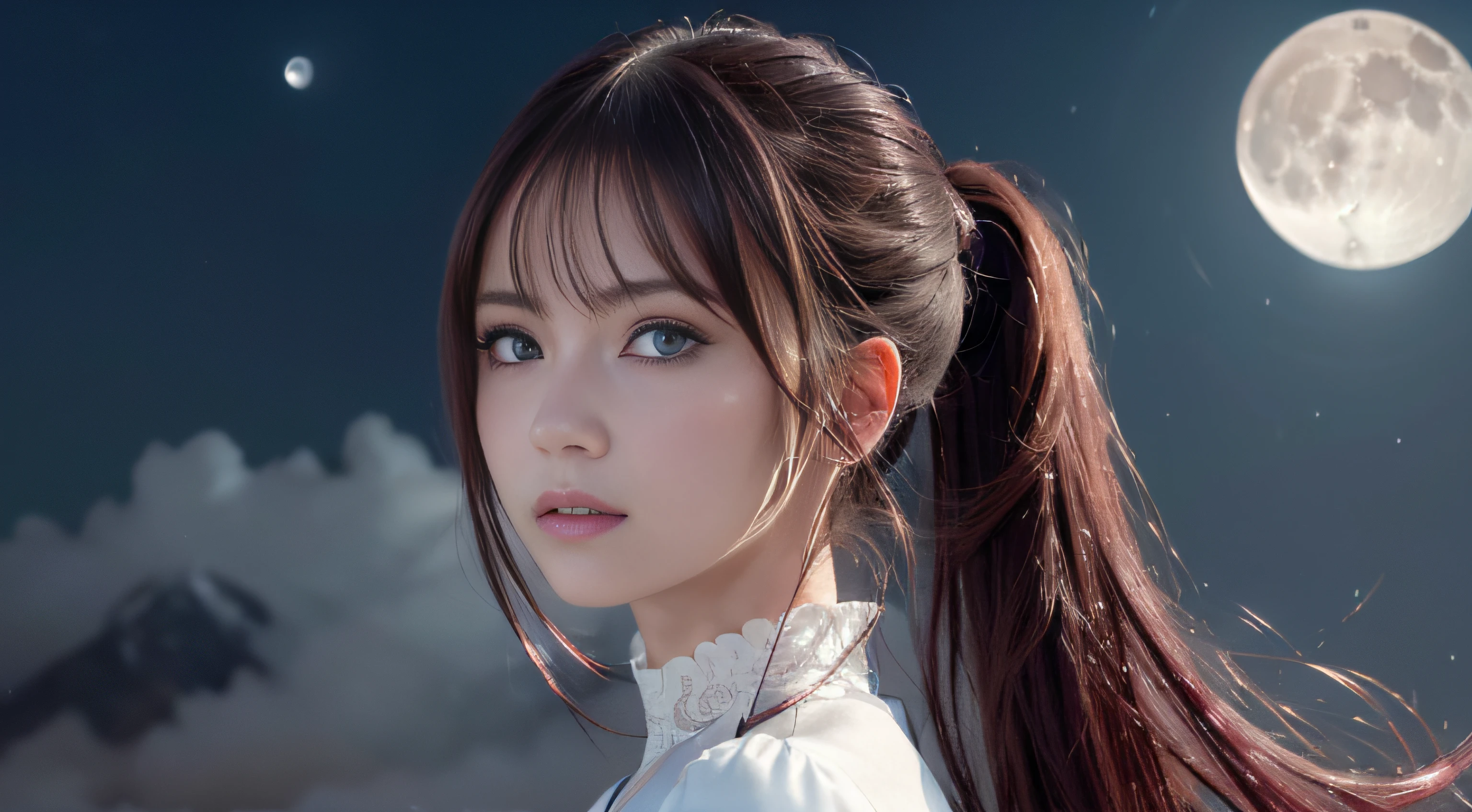 masutepiece, (Best Quality: 1.2), (Super fine: 1.2), Illustration, (Extremely delicate and beautiful: 1.2), Film Angle, floating, (Beautiful Detail Eye: 1.1), (Detail light: 1.1), Film Light, Delicate sky, Woman, Maroon hair, Blue eyes, (High Ponytail: 1.1),  Glowing eyes, (Moon: 1.2), (Moonlight: 1.1), Starry sky, (light Particle: 1.1), Fog , Snow painting, sketching, Blooming