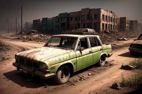 An exciting city in the middle of a barren area，The car was parked in the dirt, Post-apocalyptic wasteland, in a post-apocalypti...