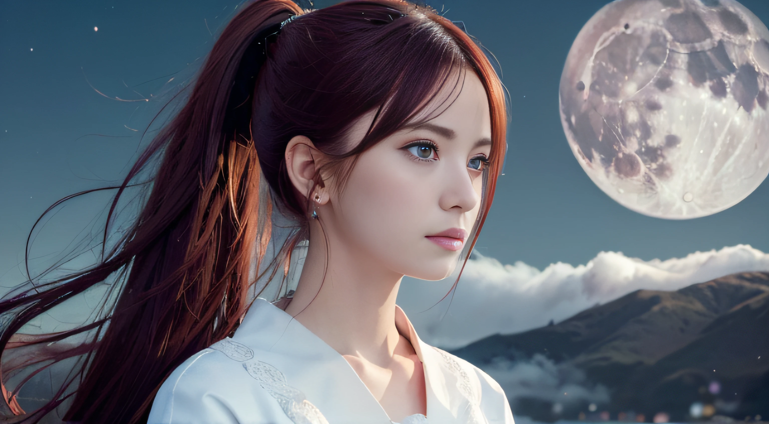 masutepiece, (Best Quality: 1.2), (Super fine: 1.2), Illustration, (Extremely delicate and beautiful: 1.2), Film Angle, floating, (Beautiful Detail Eye: 1.1), (Detail light: 1.1), Film Light, Delicate sky, Woman, Maroon hair, Blue eyes, (High Ponytail: 1.1),  Glowing eyes, (Moon: 1.2), (Moonlight: 1.1), Starry sky, (light Particle: 1.1), Fog , Snow painting, sketching, Blooming