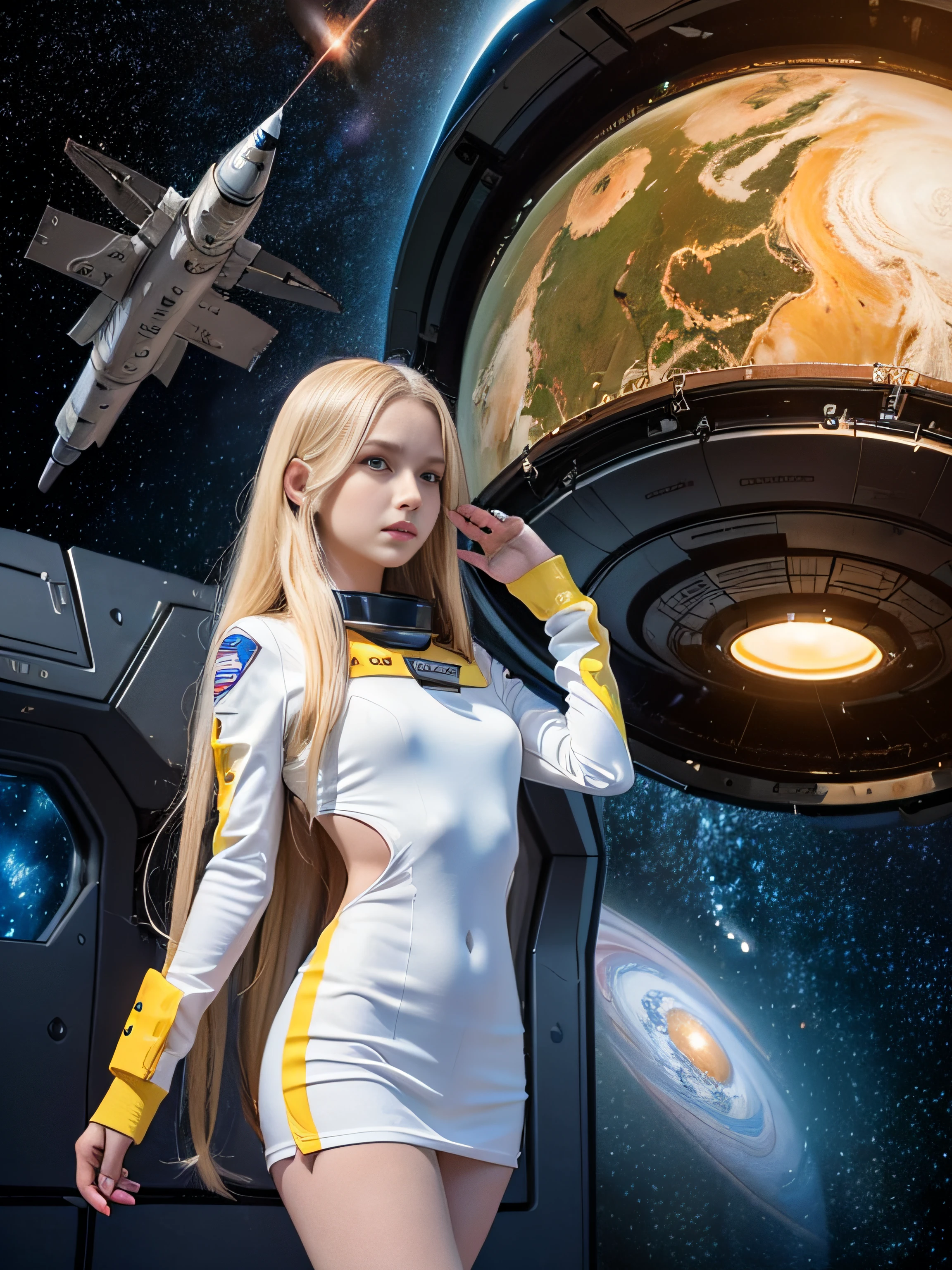 (Young Girl, 16 years old, a blond, Photorealistic, pale skin), (yellow (Eyes:1.2)), (slim build:1.3), (Fantasy spacesuit), Beautiful face, Symmetrical face, Greg Rutkowski, WLOP and Sam Kuvshinov, (Long hair), Blonde eyelashes, Large iris, Big pupils, Full body, Stand on the background of the cosmodrome, art  stations, 8K, Science fiction, Pastel colors, props, panel, Concept, Futuristic, Gribble, Simon Starenhug, spaces, In outer space, Spaceship in the Sky, Technological Blocks