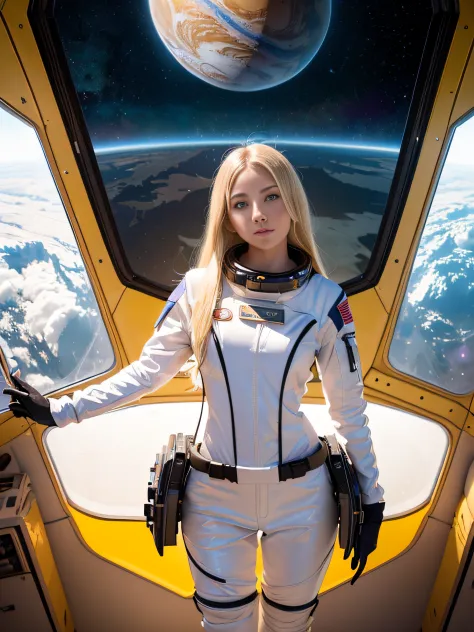 (Young Girl, 16 years old, a blond, Photorealistic, pale skin), (yellow (Eyes:1.2)), (slim build:1.3), (Fantasy spacesuit), Beau...