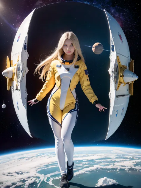 (Young Girl, 16 years old, a blond, Photorealistic, pale skin), (yellow (Eyes:1.2)), (slim build:1.3), (Fantasy spacesuit), Beau...