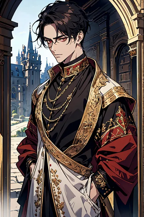 1 male, adult, beautiful, short tousled black hair, dark red eyes, tall with broad shoulders, nobility clothing, mastermind, han...