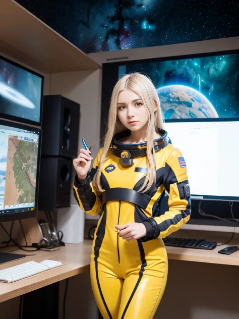 (Young Girl, 16 years old, a blond, Photorealistic, pale skin), (yellow (Eyes:1.2)), (slim build:1.3), (Fantasy spacesuit),light...