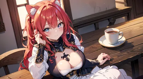 2 cat eared girl, posing for a picture, sitting on chair and put her boobs on the table, (red hair), blushed face, battle knight suit, breast plate, long skirt, big breast, pixiv, anime girls, seductive smile, (beautiful detailed eyes:1.6), extremely detai...