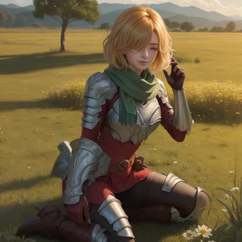 (({{masterpiece,best quality,ultra-detailed}}))  1girl, grass field,flower,wariza,looking at viewer,blonde short hair, armor, re...