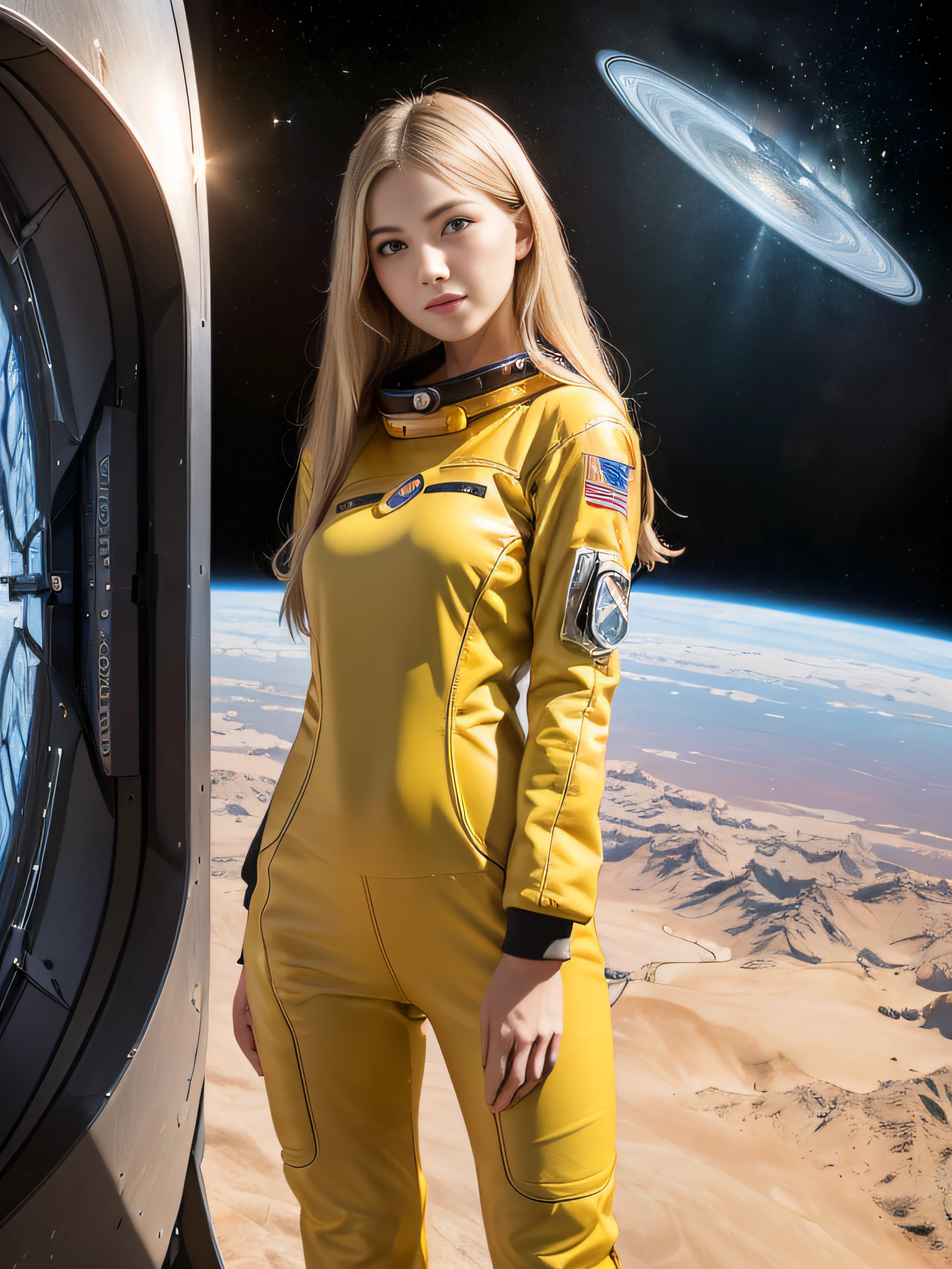 (Young Girl, 16 years old, a blond, Photorealistic, pale skin), (yellow (Eyes:1.2)), (slim build:1.3), (Fantasy spacesuit),lightsmile, Beautiful face, Symmetrical face, Greg Rutkowski, WLOP and Sam Kuvshinov, (Long hair), Blonde eyelashes, Large iris, Big pupils, Full body, Stand on the background of the cosmodrome, art  stations, 8K, Science fiction, Pastel colors, props, panel, Concept, Futuristic, Gribble, Simon Starenhug, spaces, In outer space, Spaceship in the Sky, Technological Blocks