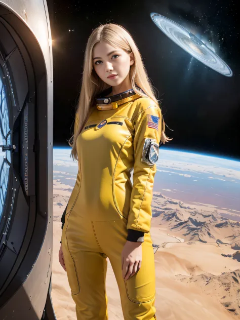 (Young Girl, 16 years old, a blond, Photorealistic, pale skin), (yellow (Eyes:1.2)), (slim build:1.3), (Fantasy spacesuit),light...