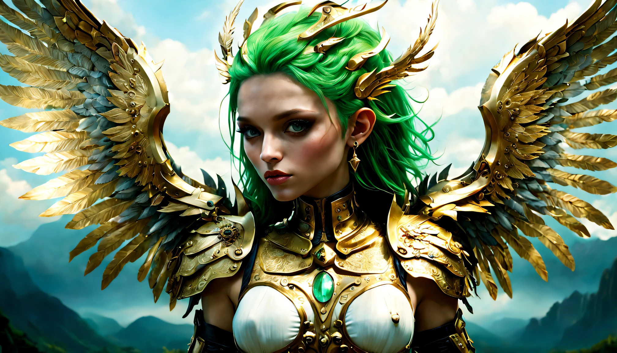 (wide angle),(Aetherpunk style:1.4),8k , ultra quality ,nature,pagan imagery,intricate detailed, beautiful valkyrie ,gold detailed holy gorgeous armor,intricate detailed wide angelic wings on her back,spreading angelic wings wide,utopia,magic,detailed,mages,outdoors,amazing scenery,(highly detailed:1.2),(ultra realism:1.2), realistic, detailed, textured, skin, platinum white hair, green eyes, by Alex Huguet, Mike Hill, Ian Spriggs, JaeCheol Park, Marek Denko ,detailmaster2,more detail XL,(half body image)