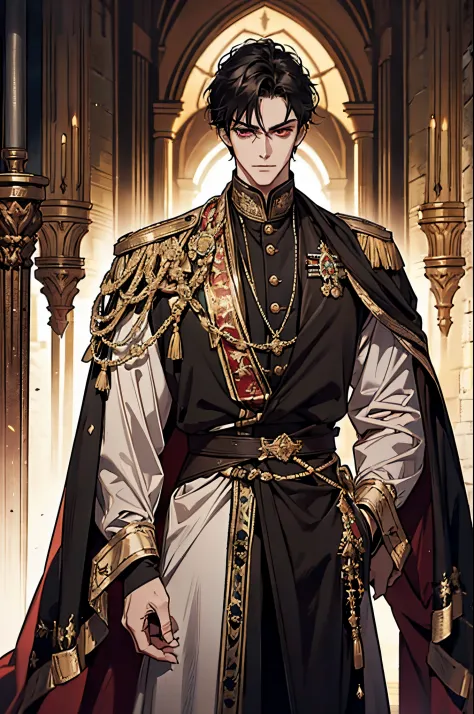 1 male, adult, beautiful, short tousled black hair, dark red eyes, tall and broad shoulders, black nobility clothing, commander,...