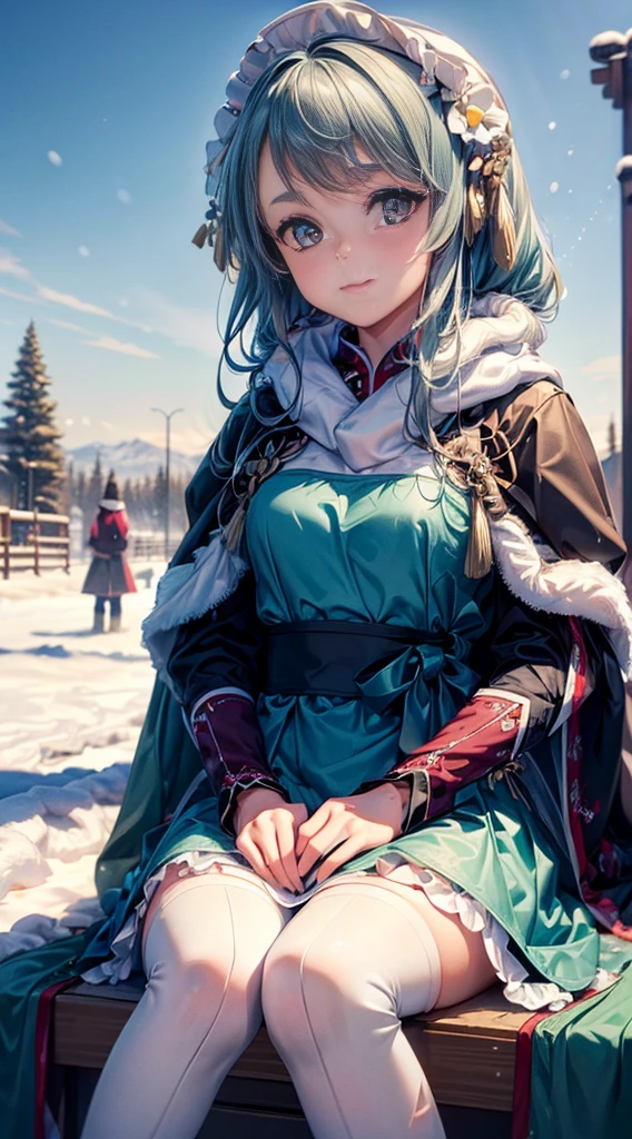 ( (8K:1.27), best qualtiy, tmasterpiece, 超A high resolution:1.2)，1 girl,Turquoise pupils，Clear face， Sitting, Lolita costume，cloaks，(Snow, Outdoor activities in winter:1.2),Oblique view from below