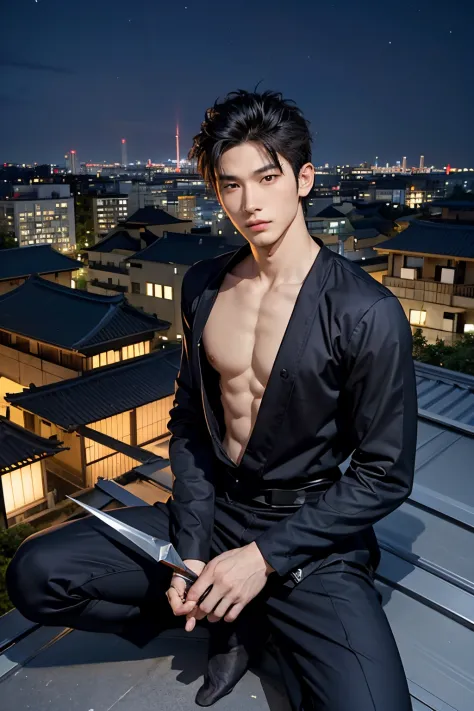 Ninja,Man,handsome,asian,16-20 years young,ninja net suit ,perfect face,abs,open chest dress,sit on the roof,kunai,ancient japanese city background,night time,stars,