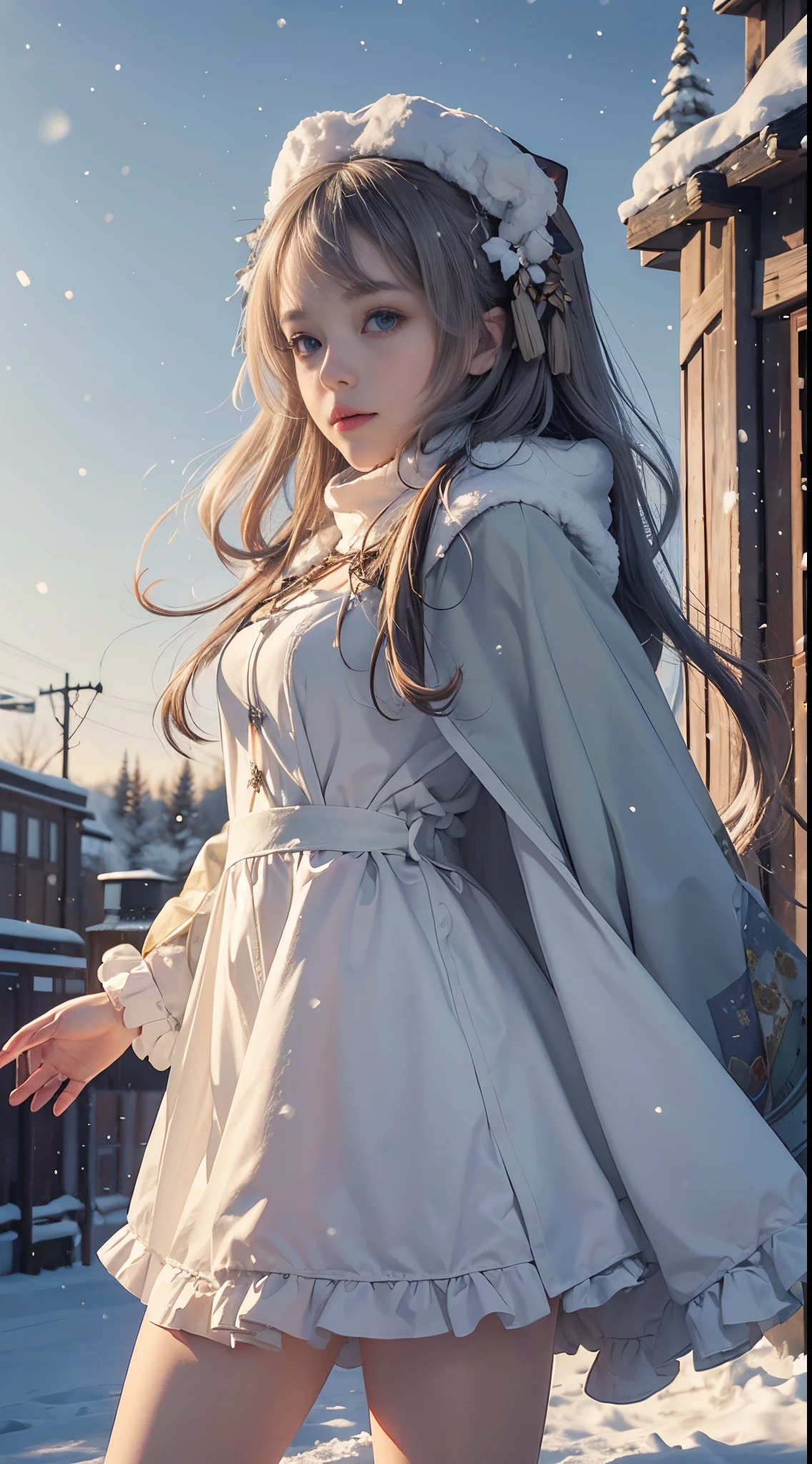 (tmasterpiece, Best Quality),
It's snowing.
Composition of a woman standing under a snowy night sky. her face is very important.
her eyes are bright green，hair is light blue and white, long and fluffy.
she has a down jacket,( (8K:1.27), best qualtiy, tmasterpiece, 超A high resolution:1.2)，1 girl,Turquoise pupils，Clear face， Lolita costume，cloaks，(Snow, Outdoor activities in winter:1.2),Oblique view from below