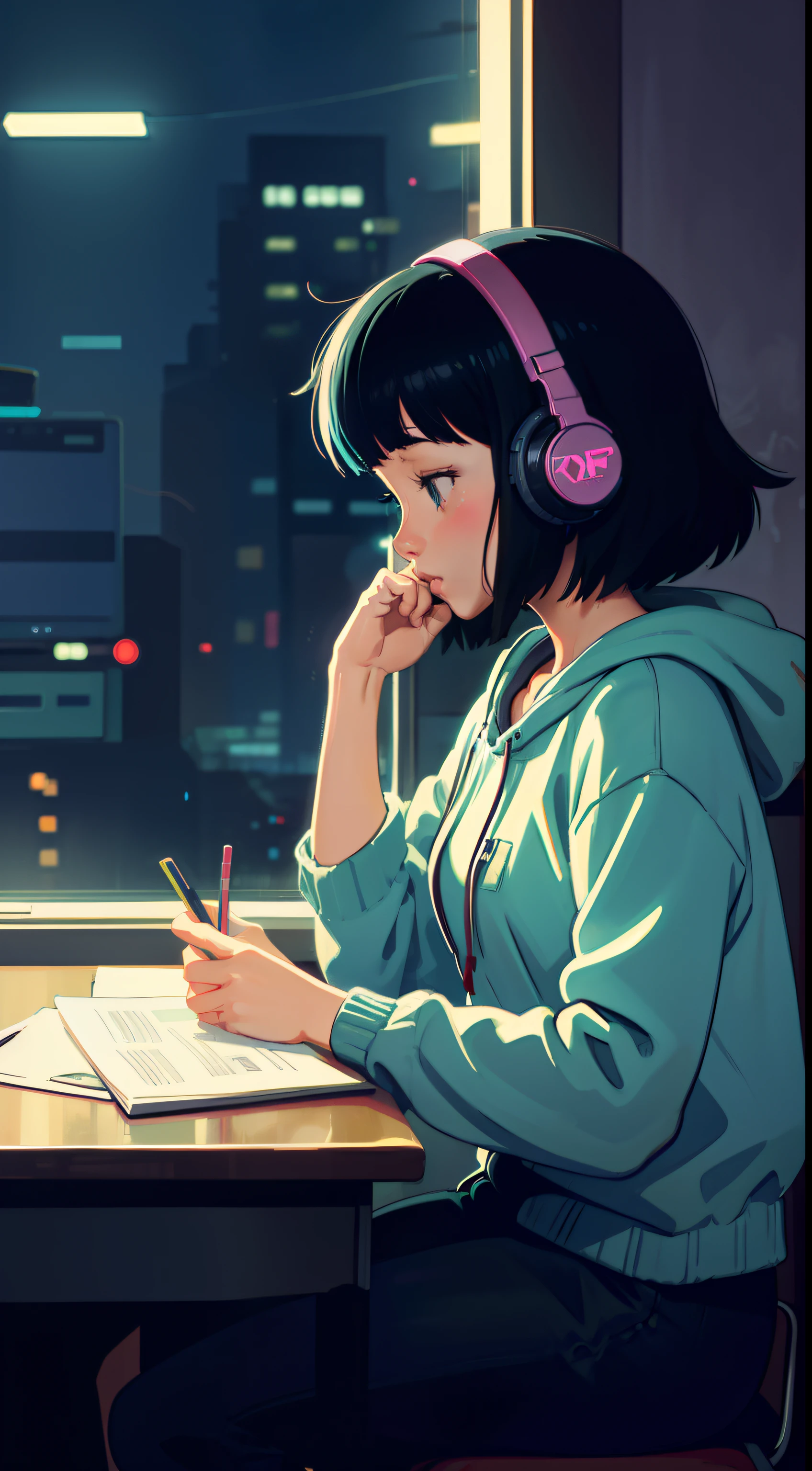 (lofi), Girl studying hard at desk,profile, Put on the headphones, Night light, Neon landscape of rainy day from window,Analog Color Theme, Lo-Fi Hip Hop , Flat, 2.5D ,line-drawing, Ink drawing, Large gradients, watercolor paiting, Goosch color, Studio Ghibli style, Awesome colorful, Outturn, Synth Wave, lofi art,90s style,Old textures, amplitude,90s atmosphere, masutepiece, Huge skills
