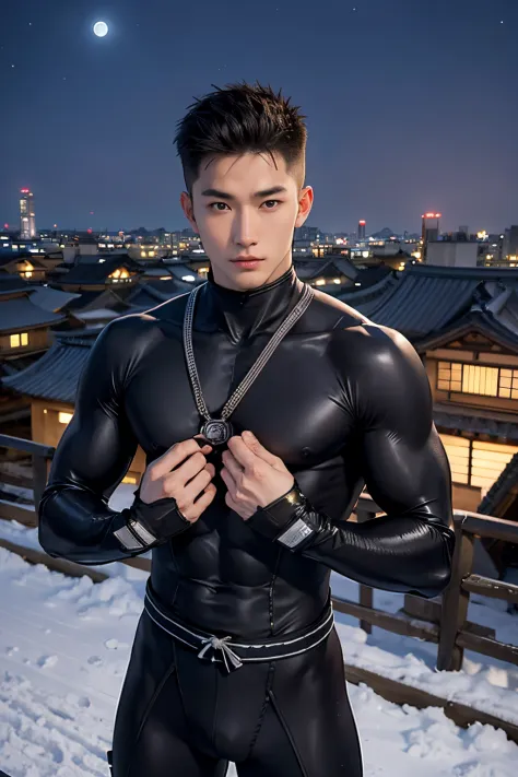 Ninja,Man,handsome,asian,16-20 years young,ninja net suit ,perfect face,abs,open chest dress, crouch on the roof,kunai,ancient j...