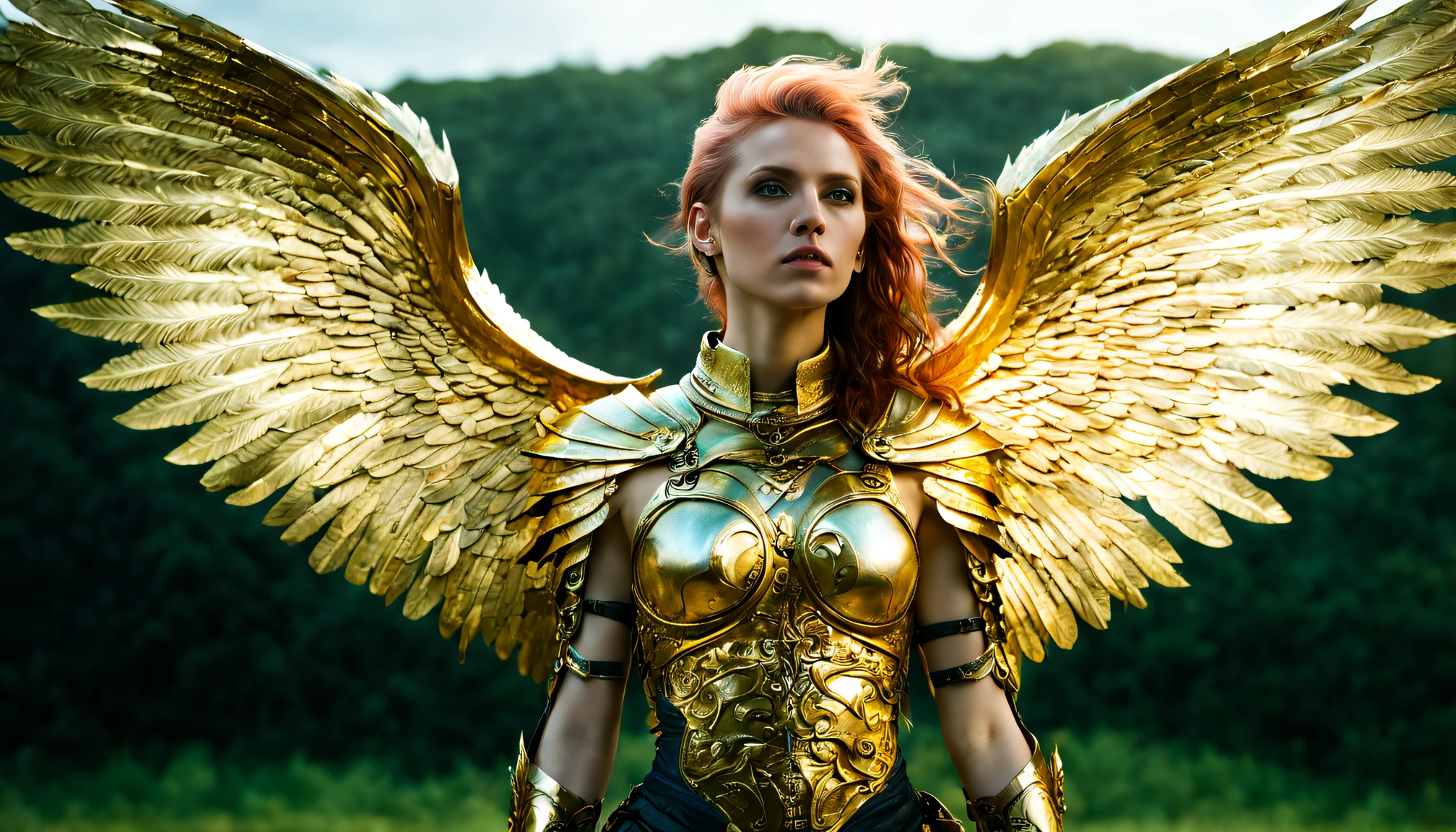 (wide angle),(Aetherpunk style:1.4),8k , ultra quality ,nature, pagan imagery, intricate detailed, beautiful valkyrie ,gold detailed holy gorgeous armor, intricate detailed wide angelic wings on her back,spreading angelic wings wide,utopia,magic,detailed,mages,outdoors,amazing scenery,(highly detailed:1.2),(ultra realism:1.2), realistic, detailed, textured, skin, platinum white hair, green eyes, by Alex Huguet, Mike Hill, Ian Spriggs, JaeCheol Park, Marek Denko ,detailmaster2,more detail XL,(half body image)